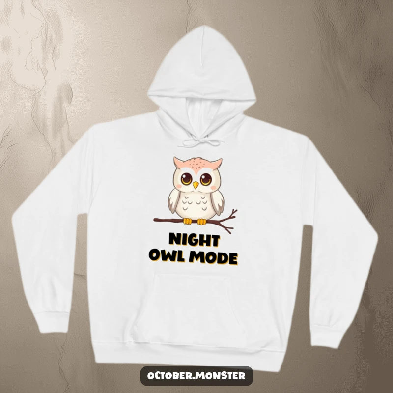 Funny chirping owl with glowing eyes perched on a cobweb, on a warm hoodie, for cozy contemplation.