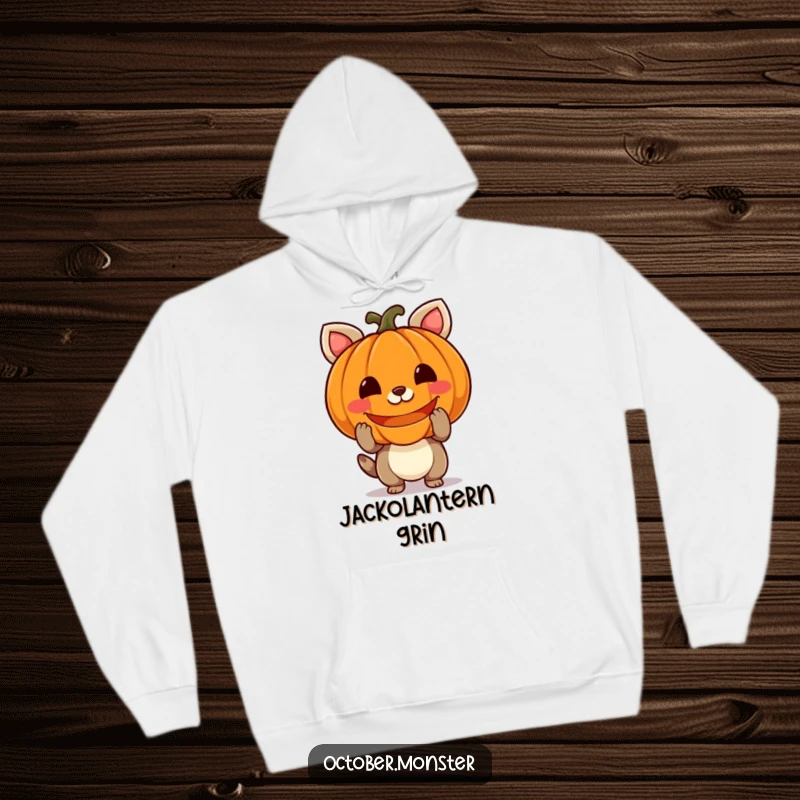 Funny pumpkin animal hoodie with a cheerful creature holding a carved, glowing pumpkin, designed for warmth and Halloween spirit.