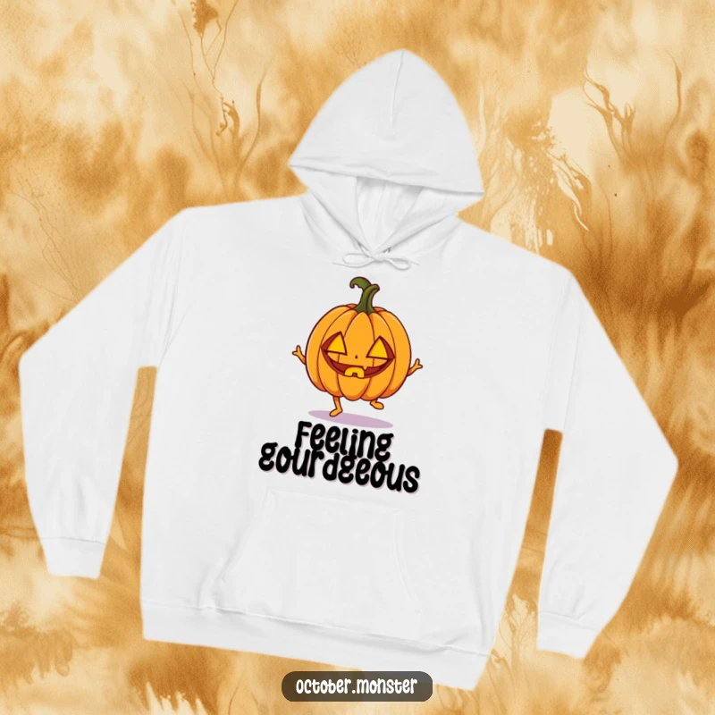 Funny enthusiastic pumpkin with carved eyes, doing a little hop, on a warm hoodie, perfect for active comfort.
