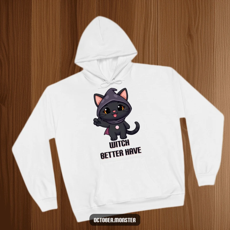 Funny Black Cat Hoodie featuring a cheerful black cat in a spooky costume, waving a paw, offering warmth and Halloween fun.