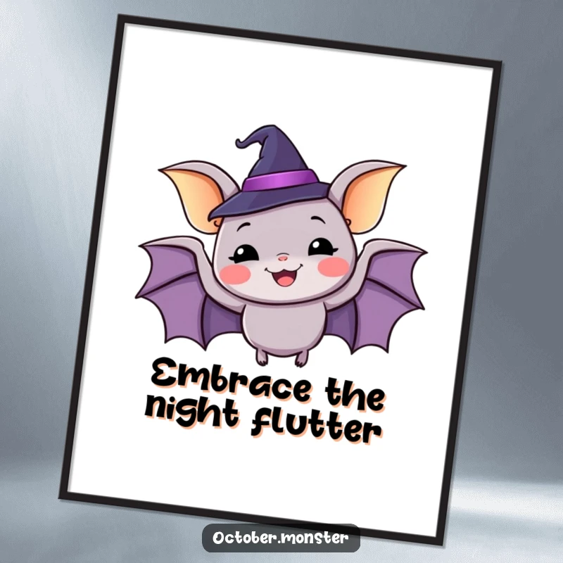 Funny Free Printable Wall Art: A happy bat adorned with a tiny witch hat, flapping joyfully as if casting playful spells.