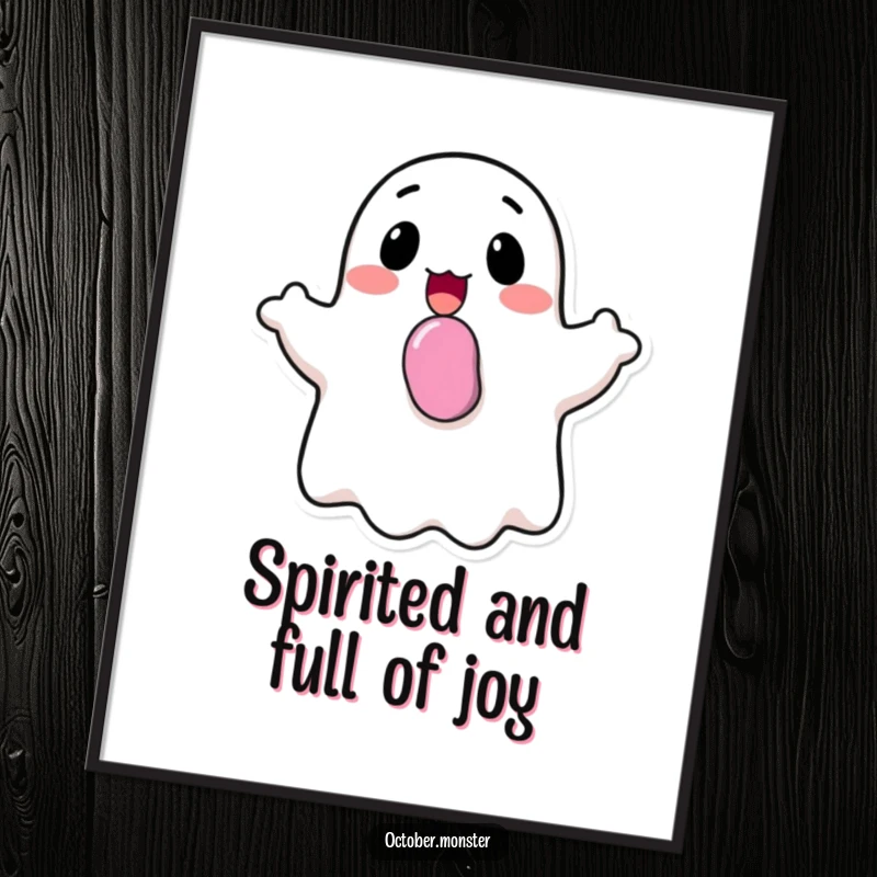 Funny Free Printable Wall Art: A happy ghost with candy in its mouth, bobbing cheerfully, bringing Halloween fun to your walls.