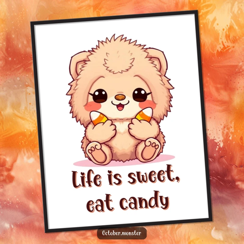 Funny Free Printable Wall Art: A fuzzy creature excitedly holding candy corn, adding a touch of sweet, whimsical fun.