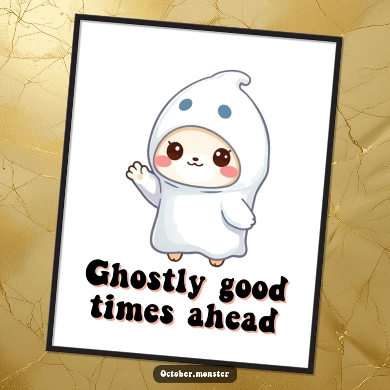 Funny Free Printable Wall Art: A small animal in a tiny ghost costume waves, bringing cheerful, spooky vibes to your decor.