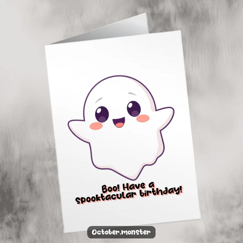 Funny free printable birthday card with a cute ghost animal floating with round, joyful eyes, perfect for a kid's party.