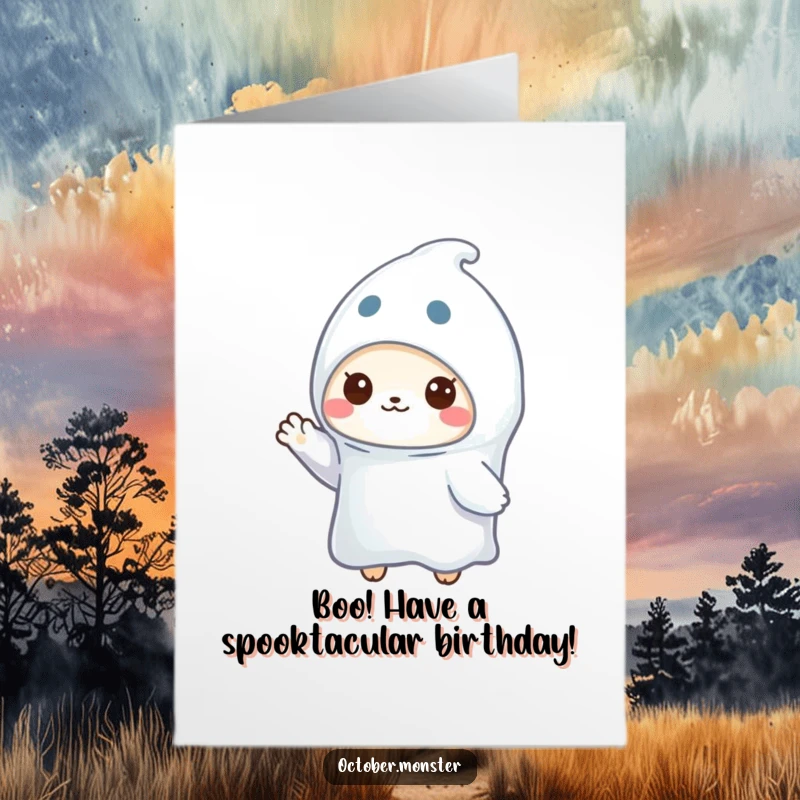 Funny Free Printable Birthday Card: Tiny ghost animal waving cheerfully, ready to haunt your celebrations with laughter.