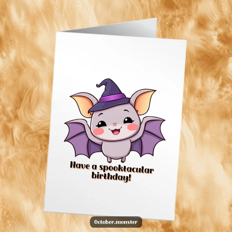 Funny Free Printable Birthday Card: A happy bat wearing a tiny witch hat, flapping its wings with infectious glee and birthday spirit.