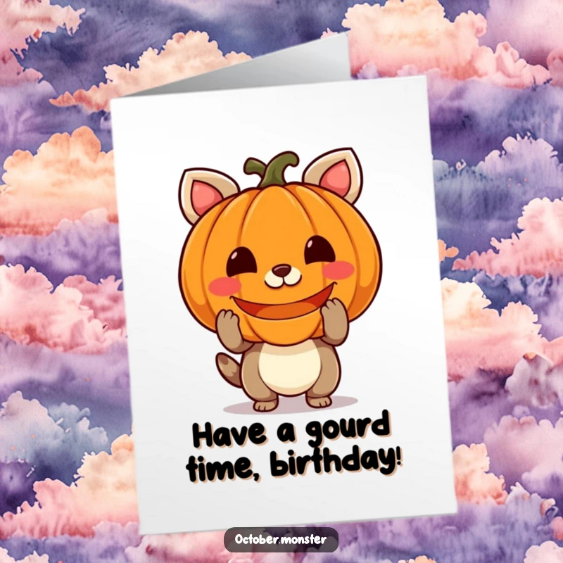 Funny Free Printable Birthday Card: A cheerful animal happily holding a carved pumpkin with a glowing face, celebrating a birthday.