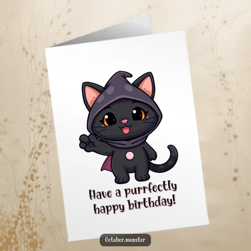 Funny free printable birthday card with a cheerful black cat in a spooky costume waving a paw, perfect for a Halloween party.
