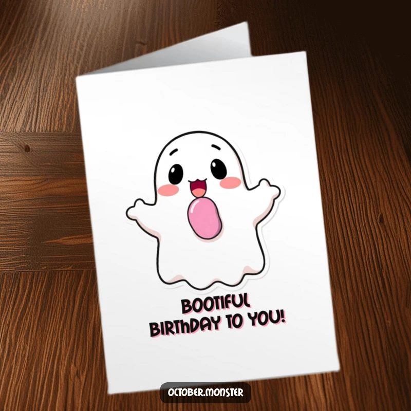 Funny Free Printable Birthday Card: A happy ghost munching candy, bobbing cheerfully with birthday wishes and sweet delight.