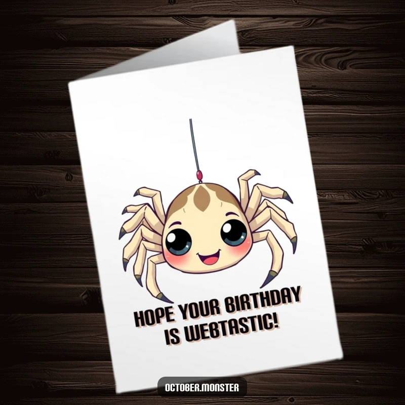 Funny free printable birthday card with a playful spider with many eyes dangling from a web, perfect for a unique birthday.