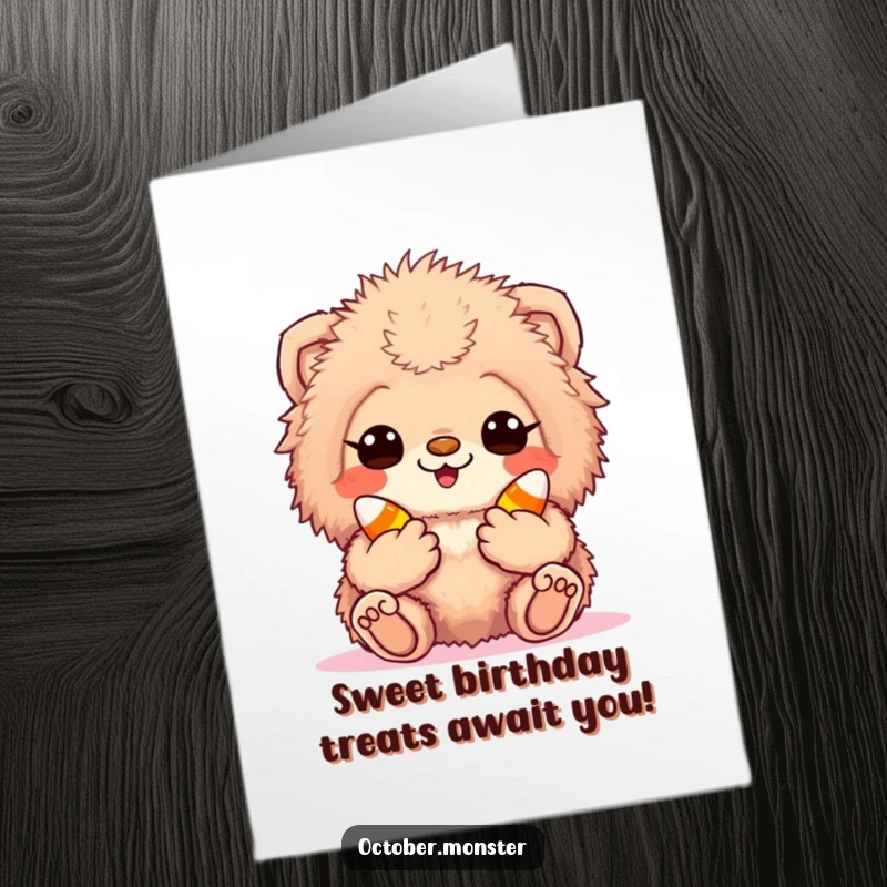 Funny Free Printable Birthday Card: A fuzzy creature holding candy corn, looking super excited for a birthday celebration.
