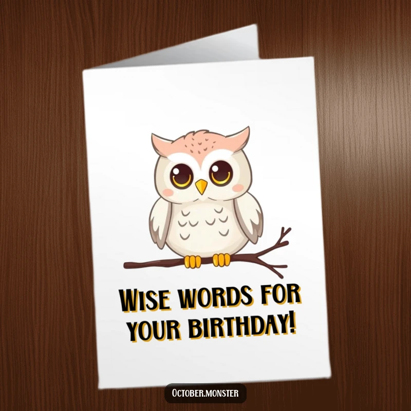 Funny Free Printable Birthday Card: A chirping owl with glowing eyes perched on a cobweb, sending wise birthday wishes.