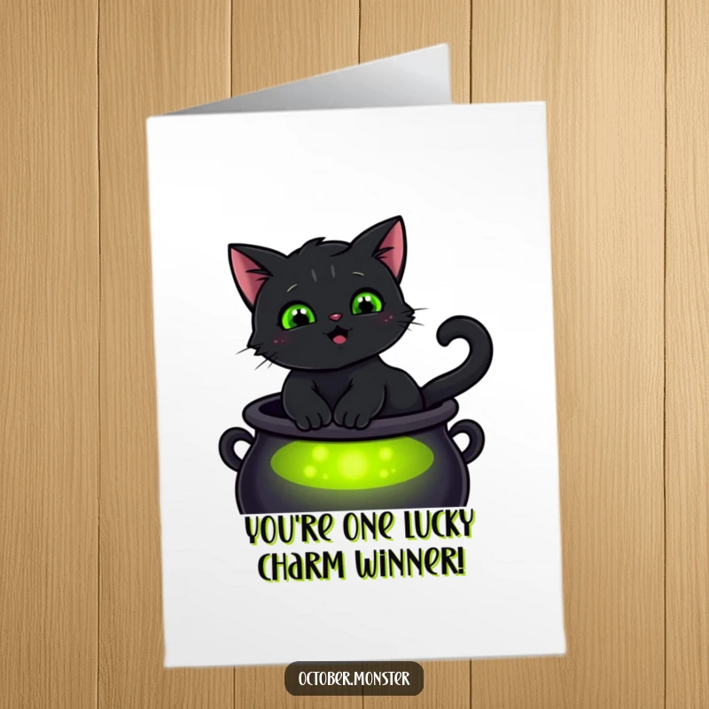 Funny Free Printable Congratulations Card: A smiling black cat with glowing green eyes on a cauldron, celebrating your win.