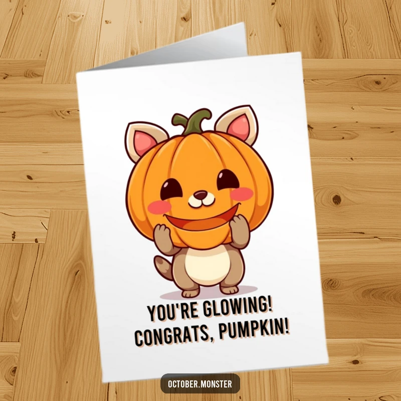 Funny Free Printable Congratulations Card: A cheerful animal holding a glowing carved pumpkin, signifying a bright success.