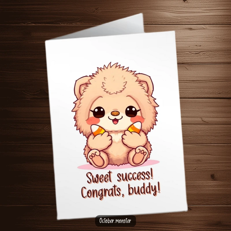 Funny Free Printable Congratulations Card: A fuzzy creature with candy corn, looking excitedly at a wonderful achievement.