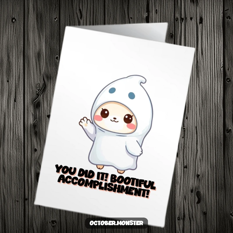 Funny Free Printable Congratulations Card: A small animal in a ghost costume waving, conveying exciting news with a playful spirit.