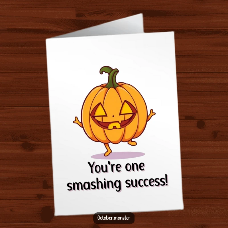 Funny Free Printable Congratulations Card: An enthusiastic pumpkin with carved eyes, hopping with excitement to congratulate you.