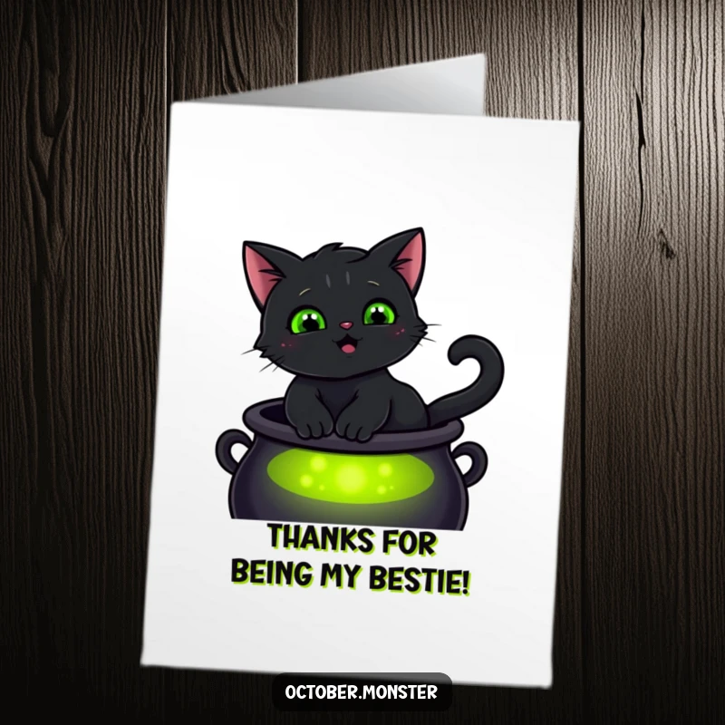 Funny Free Printable Thank You Card: A smiling black cat on a cauldron, glowing green eyes conveying thanks magically.
