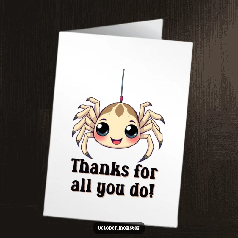 Funny free printable thank you card with a playful spider with many eyes dangling from a web, perfect for showing thanks.