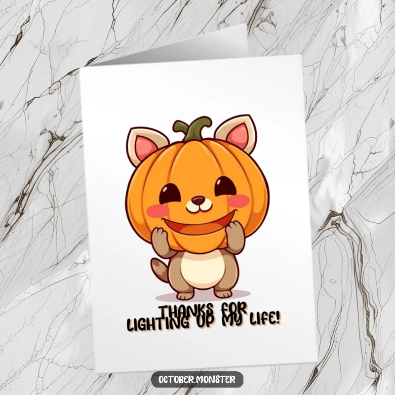 Funny Free Printable Thank You Card: A cheerful animal holding a glowing carved pumpkin, expressing thanks with a bright smile.