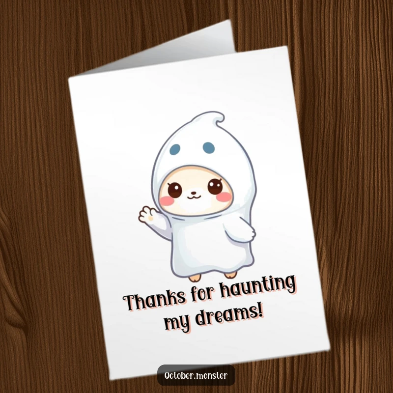 Funny Free Printable Thank You Card: A small animal dressed as a ghost waves, offering thanks with a cute and spooky charm.