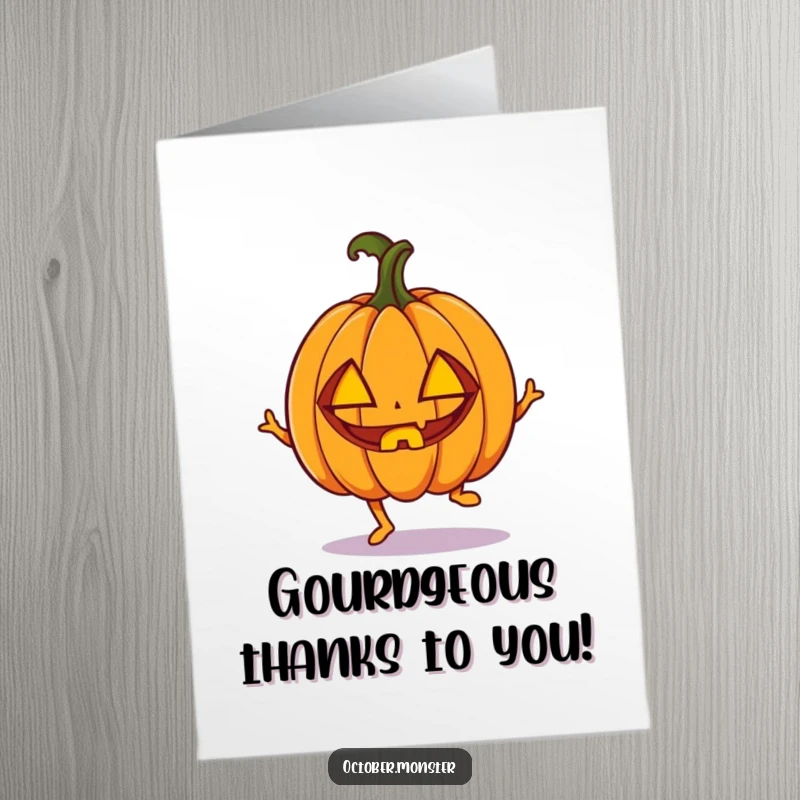 Funny Free Printable Thank You Card: An excited pumpkin with carved eyes does a little hop, sending thanks your way.