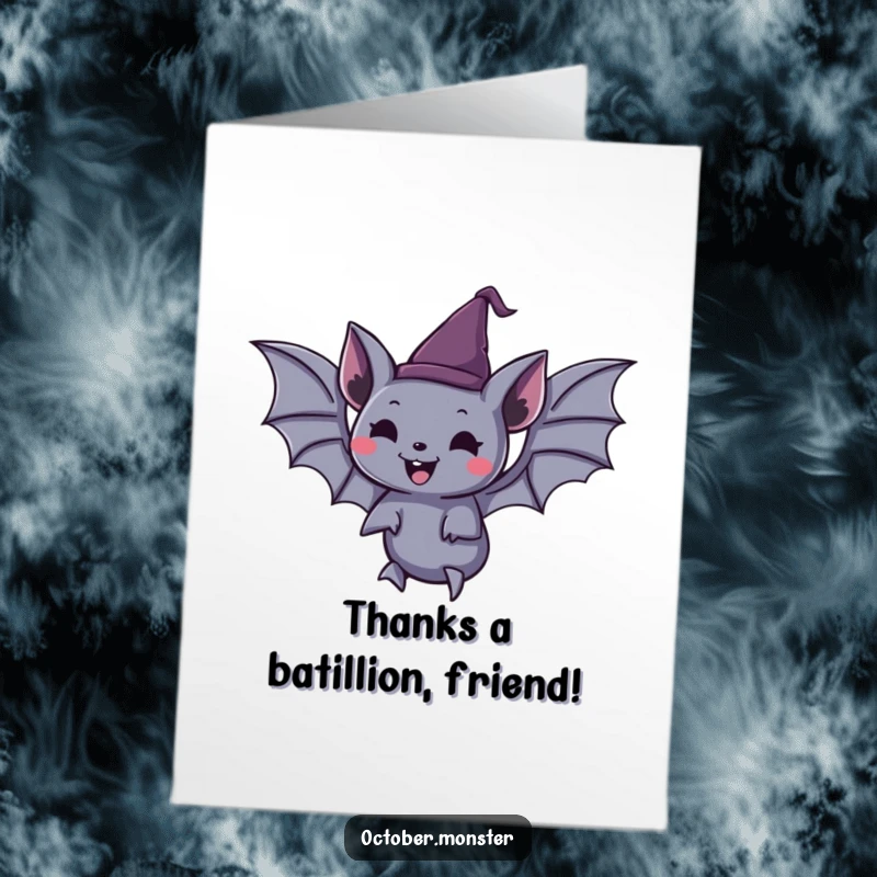 Funny Free Printable Thank You Card: A spooky bat in a hat floats with joy, expressing heartfelt thanks easily.