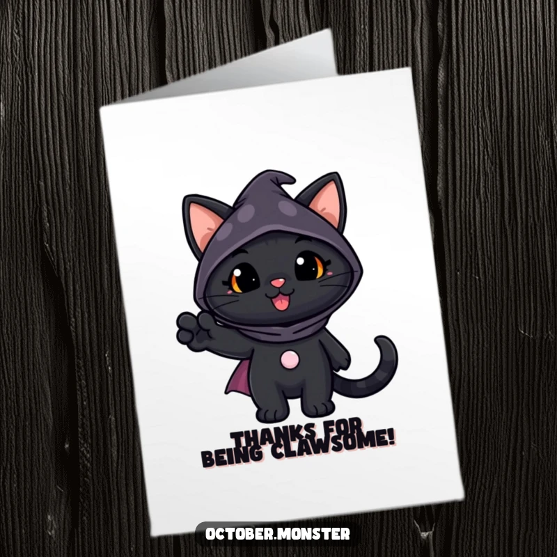 Funny free printable thank you card with a cheerful black cat in a spooky costume waving a paw, perfect for expressing thanks.