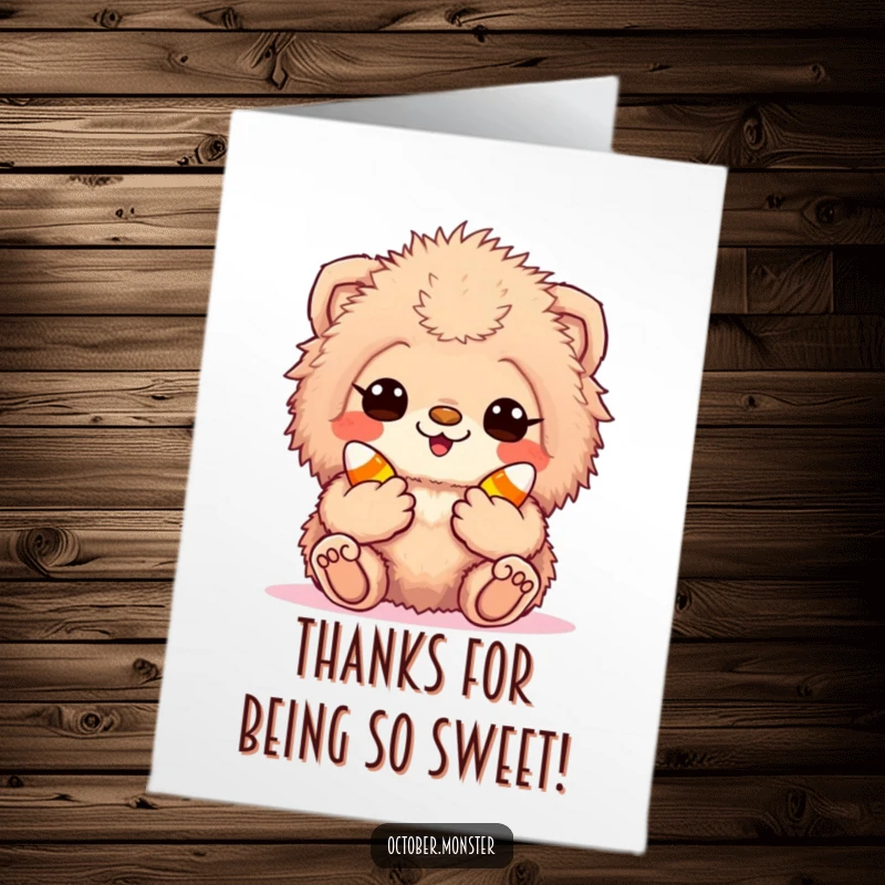 Funny Free Printable Thank You Card: A fuzzy creature holding candy corn, looking very excited to express thanks.