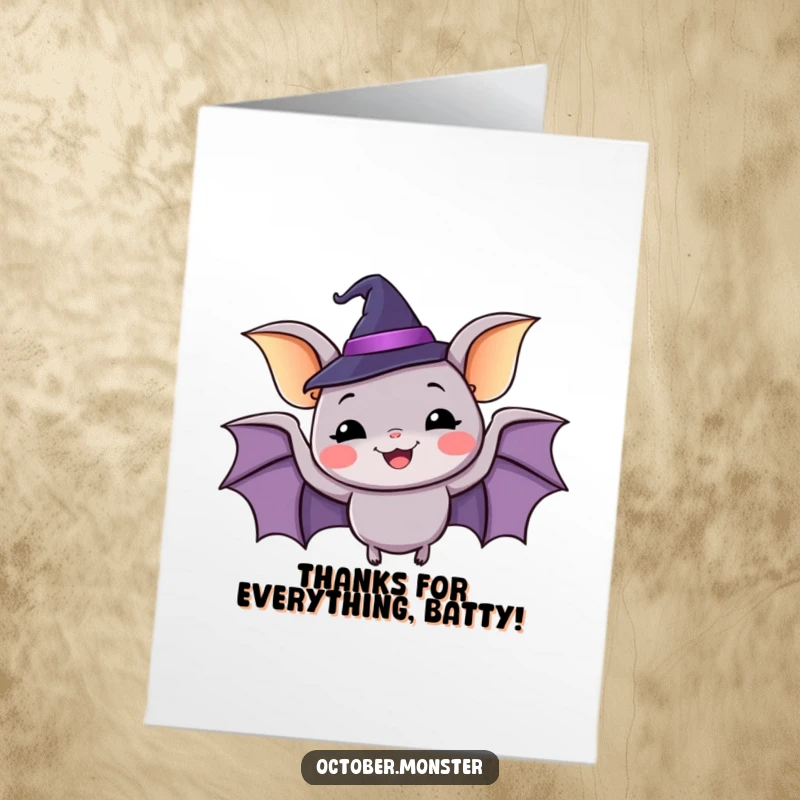 Funny Free Printable Thank You Card: A happy bat wearing a tiny witch hat, flapping with glee as a gesture of thanks.