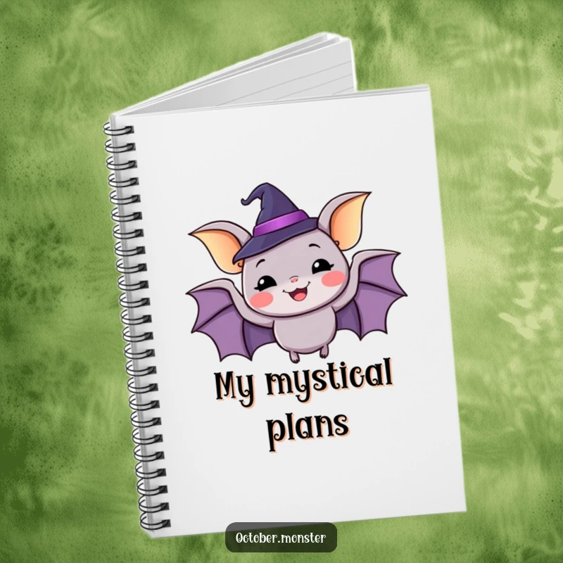 Funny happy bat wearing a tiny witch hat, flapping with glee, lined notebook for creative thoughts.
