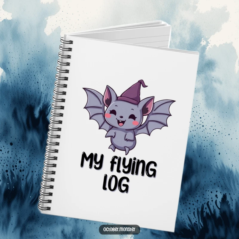 Funny spooky bat wearing a tiny pointed hat, joyfully floating, on a lined notebook, ideal for jotting down ideas.