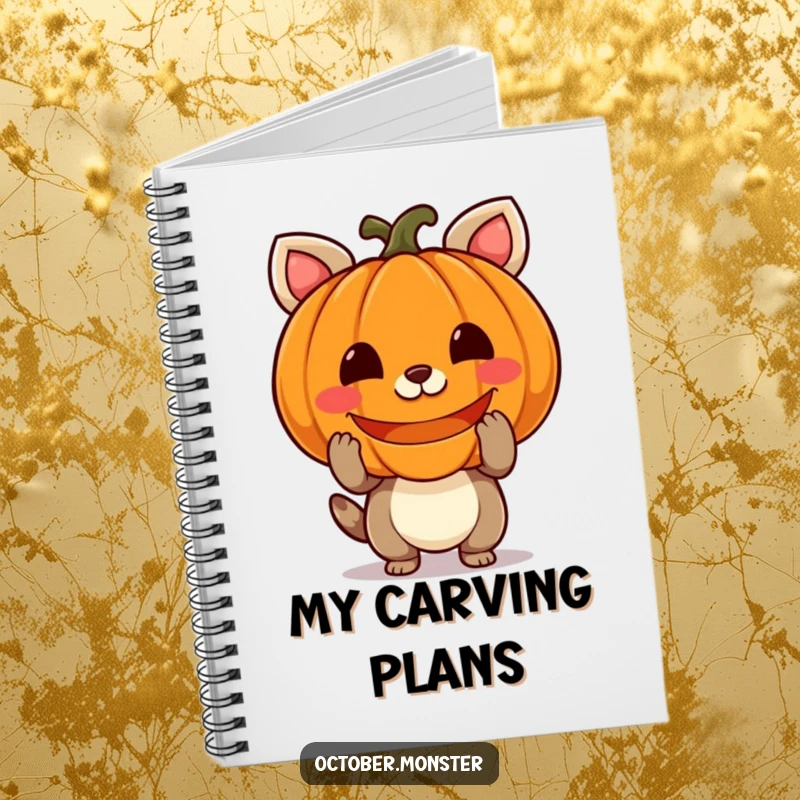 Funny pumpkin animal notebook with a cheerful creature holding a glowing pumpkin, perfect for jotting down notes with Halloween flair.