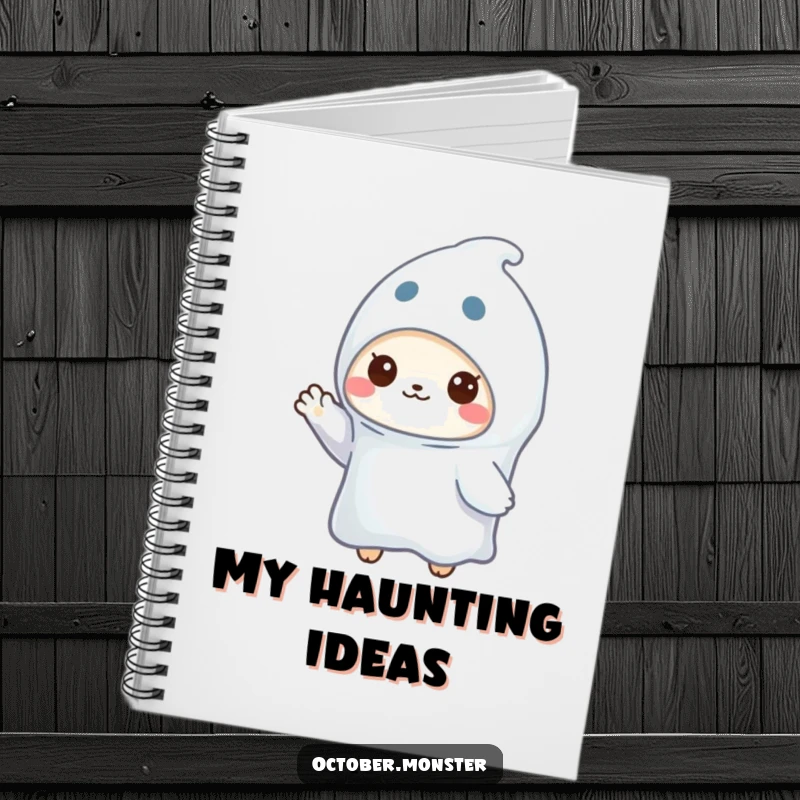 Funny ghost animal notebook with a small creature in a ghost costume waving, perfect for taking notes with spooky flair.