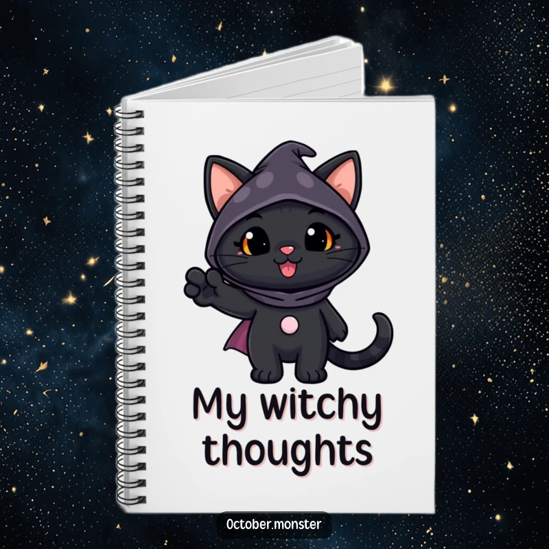 Funny Black Cat Notebook featuring a cheerful black cat in a spooky costume waving, perfect for jotting down Halloween ideas and notes.