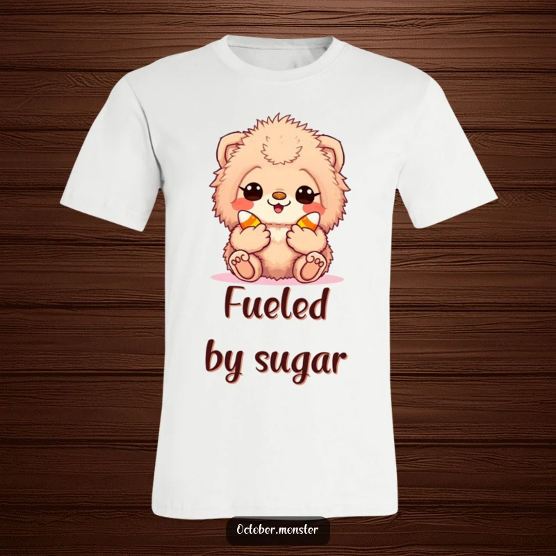 Funny candy corn creature t-shirt depicting a fuzzy, excited animal holding sweet candy corn, celebrating autumn treats.