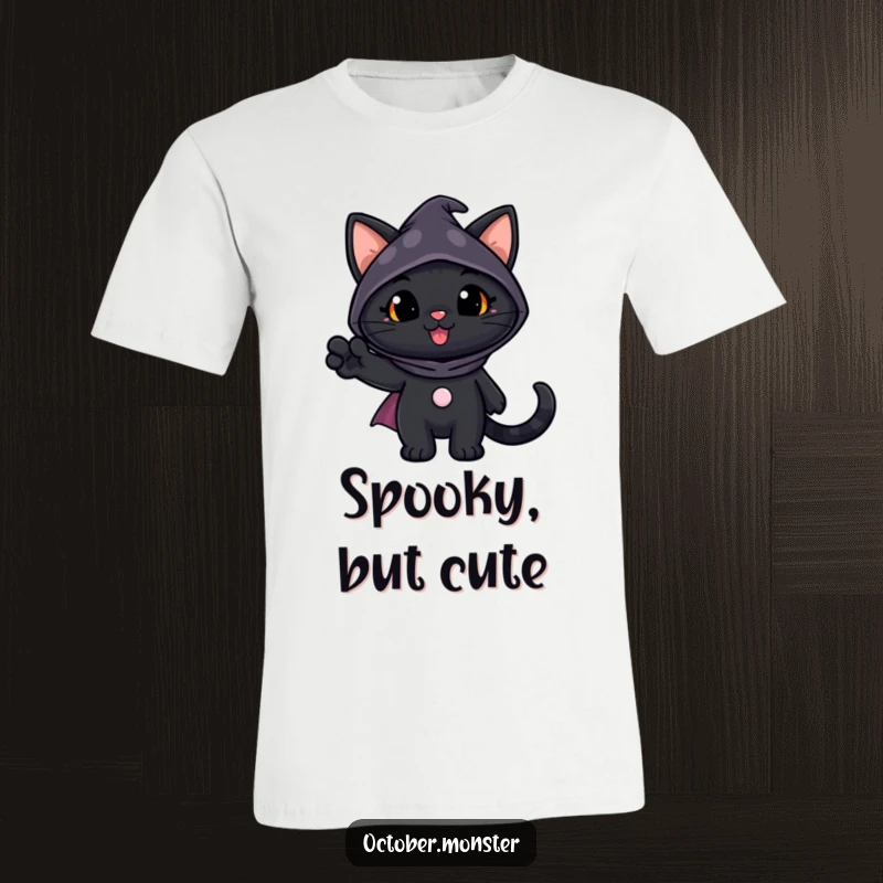 Funny Black Cat T-Shirt showcasing a cheerful black cat wearing a spooky costume and waving, a delightful piece of Halloween apparel.