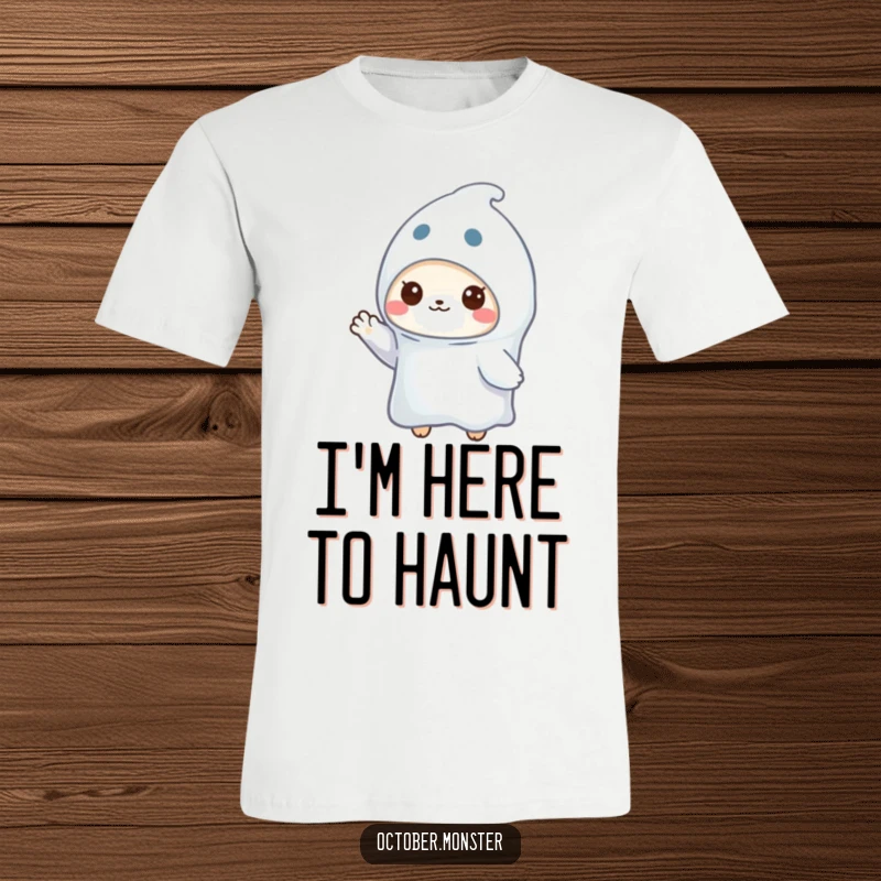 Funny ghost animal t-shirt showcasing a small, adorable creature in a white ghost costume, waving amicably, ideal for Halloween.