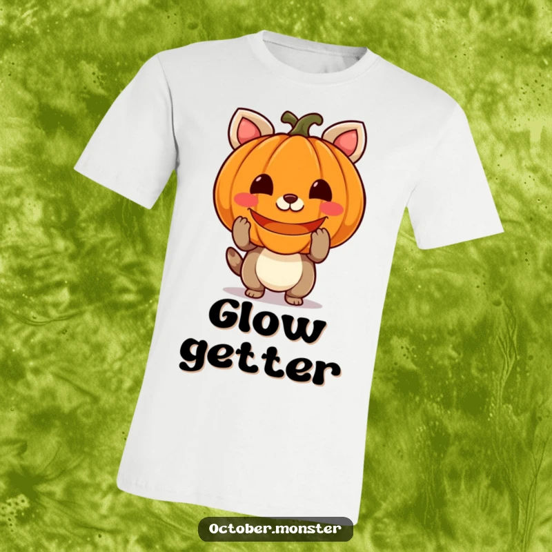 Funny Halloween animal t-shirt depicting a cheerful creature holding a carved pumpkin with a bright, glowing face, celebrating fall.