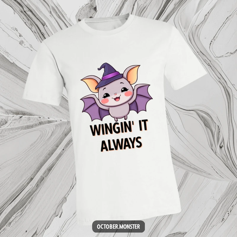 Funny happy bat wearing a tiny witch hat, flapping with glee, a whimsical and humorous t-shirt.