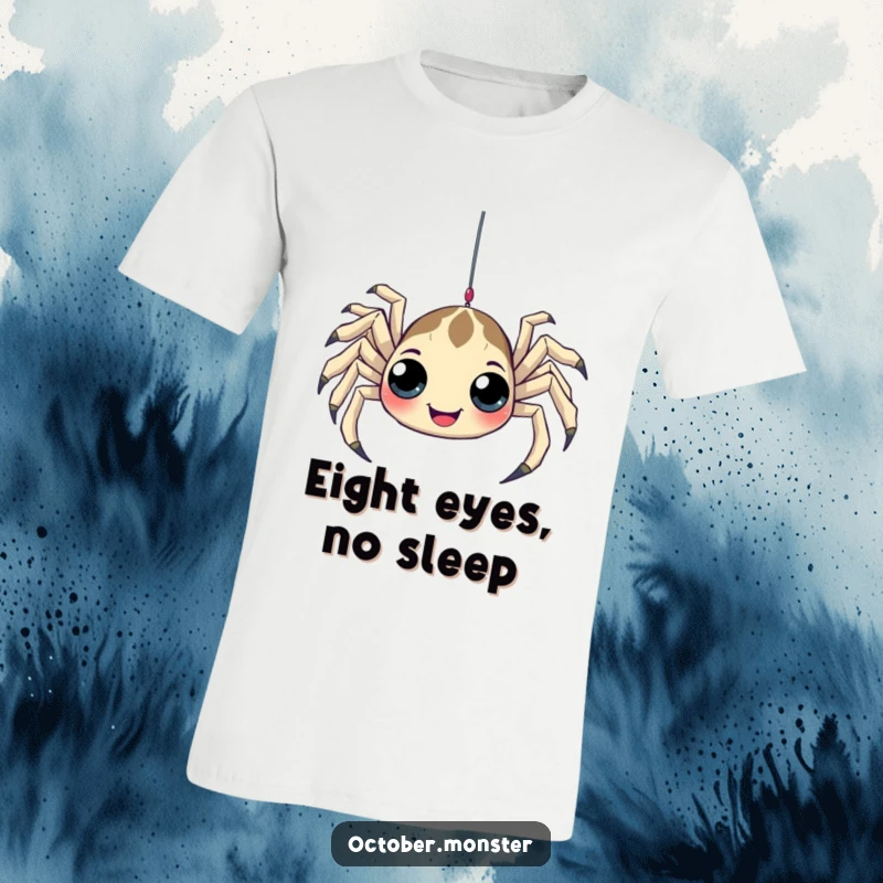 Funny Spider T-Shirt showcasing a playful spider with numerous eyes, dangling from a web, exuding quirky and humorous vibes.