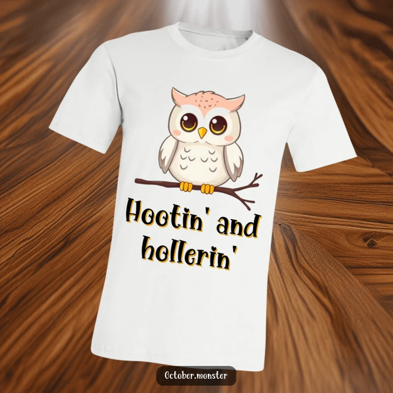 Funny chirping owl with glowing eyes perched on a cobweb, on a soft t-shirt, showcasing wise nocturnal presence.