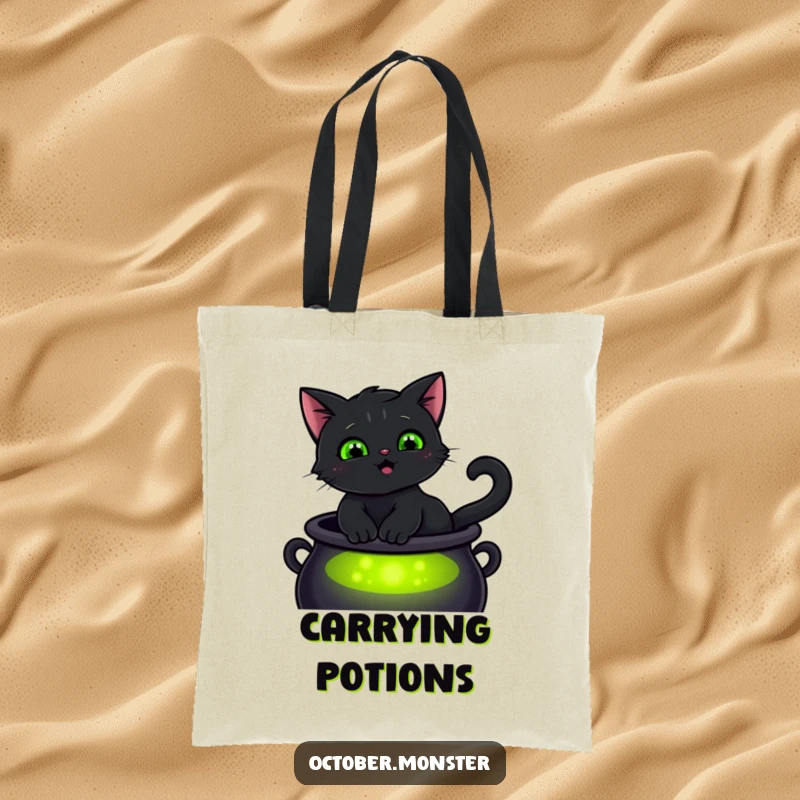 Funny smiling black cat with glowing green eyes, sitting on a cauldron, on a durable tote bag, for magical essentials.