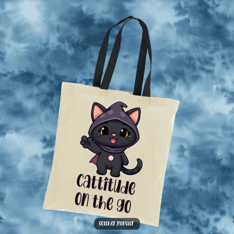 Funny Black Cat Tote Bag with a cheerful black cat in a spooky costume waving, a charming and humorous accessory for daily use.