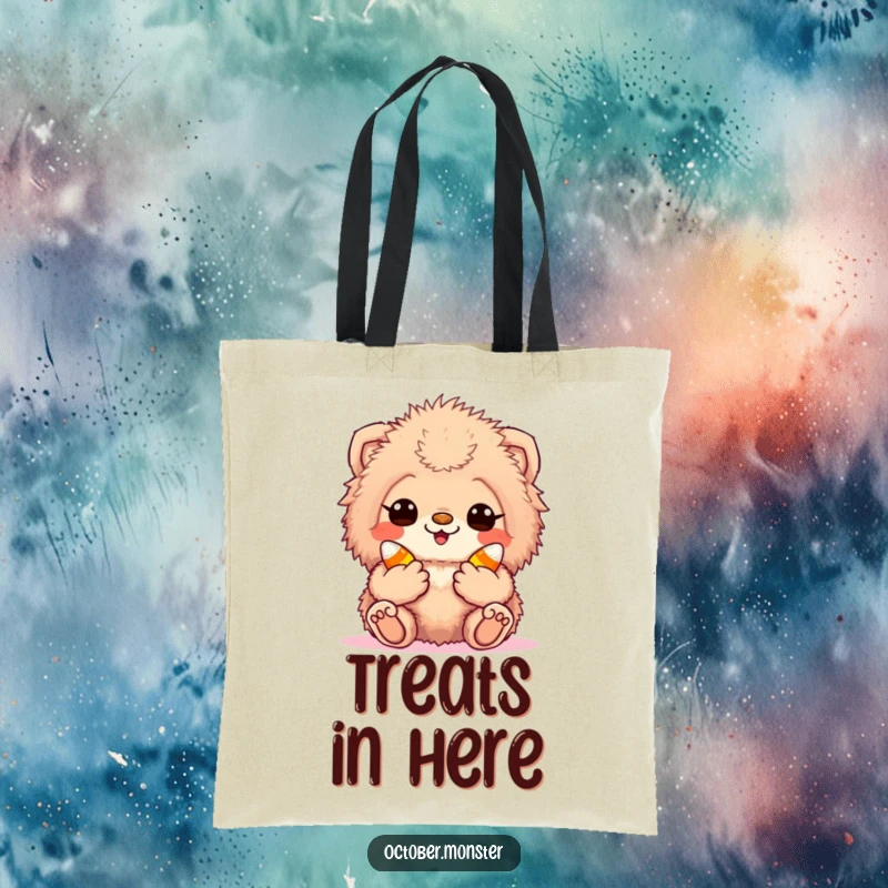 Funny candy corn creature tote bag featuring an excited, fuzzy animal holding sweet candy corn, perfect for carrying treats.