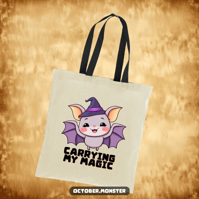 Funny happy bat wearing a tiny witch hat, flapping with glee, a practical and whimsical tote bag.