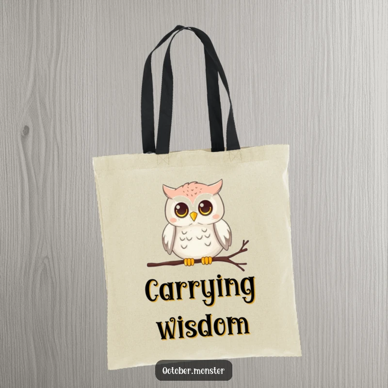 Funny chirping owl with glowing eyes perched on a cobweb, on a durable tote bag, for carrying wise essentials.
